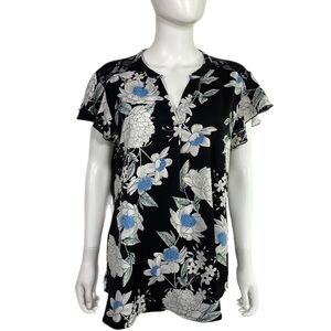 Gaharu Floral Lace Back Notch V-Neck Chiffon Blouse